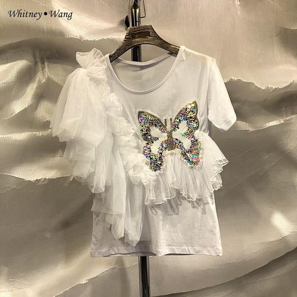 

women's t-shirt whitney wang 2021 summer fashion streetwear sequines butterfly mesh ruffles women tees lady, White