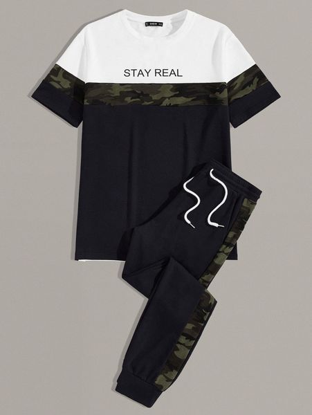

men slogan graphic color block tee & sweatpants set z7ho#, Gray
