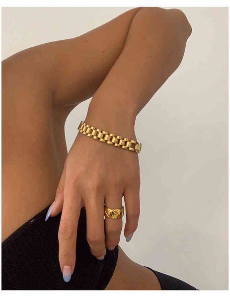 Titânio com 18 K Gold Pavimentação Relógio Strap Declaração Pulseira Mulheres Aço Inoxidável Jóias Chic Vestido Japão Coreia do Sul Moda