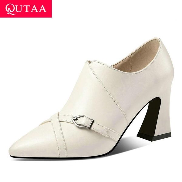 

dress shoes qutaa 2021 pointed toe zipper women spring autumn cow leather buckle ladies pumps square high heel single size 34-39, Black