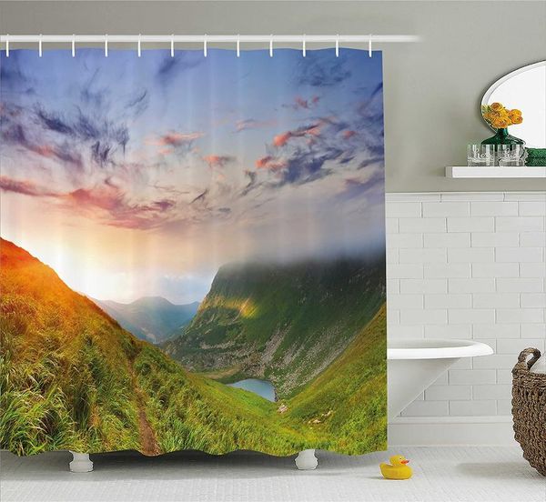 

shower curtains mountain curtain majestic sunrise in hills mottled clouds fresh grass serenity morning mist bath for bathroom