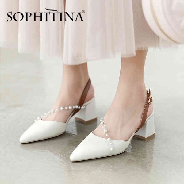 Sophitina elegante mulheres bombas cordas cordas fivela decoração de alta qualidade vaca couro quadrado sapatos de salto apontado bombas PO465 210513