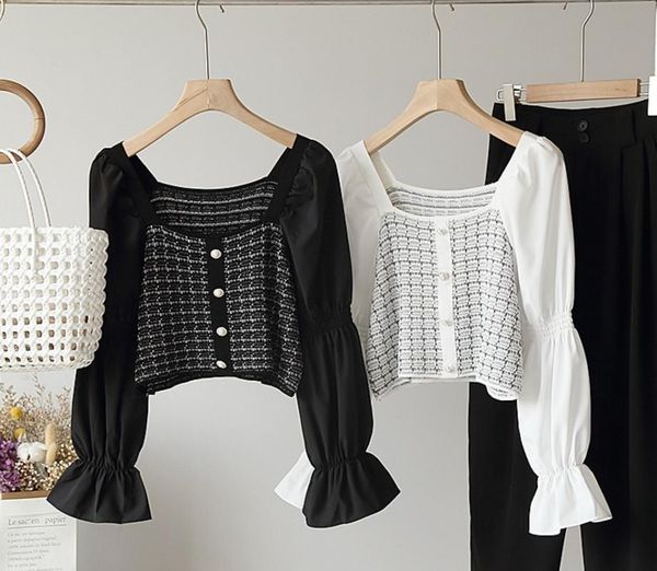 

women's sweaters retro women knitted sweater square neck stitching chiffon bell sleeves pearl button female crop ropa mujer, White;black