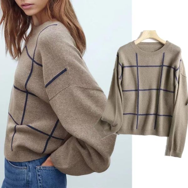 

women's sweaters 2021 warm loose o-neck plaid pullover female autumn vintage jumper england high street fashion knitted, White;black