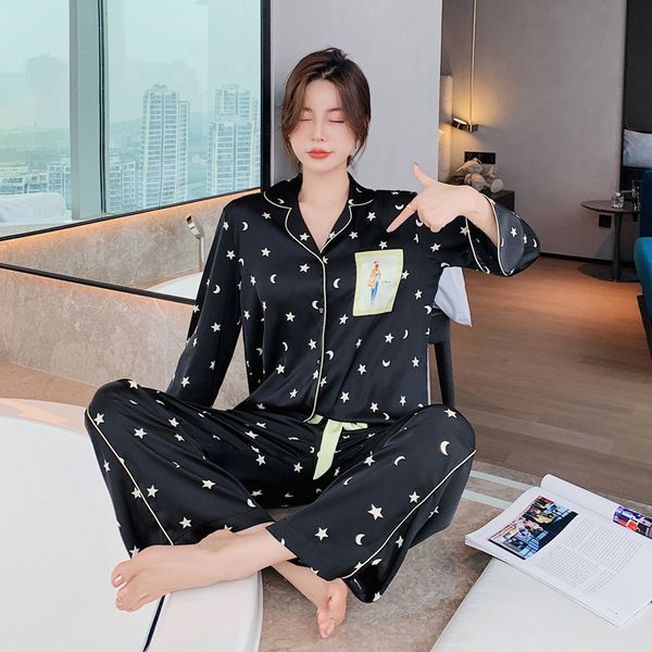 

moon star printed sleepwear suit spring autumn rayon silk long sleeve shirt pant homewear nightwear pajamas pyjama set, Black;red