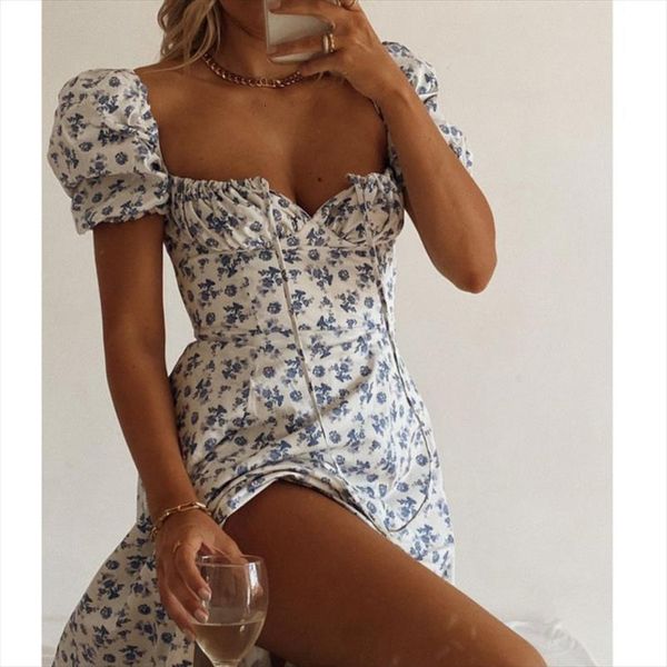 

sruby floral print square women dresses neck puff sleeve side spilt maxi for party chic casual outfits, Black;gray