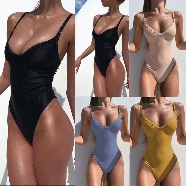 

swimwear one piece 2021 solid color high waist women's, White;black