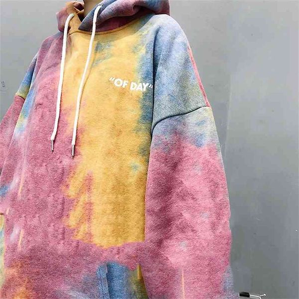 

autumn winter streetwear bf harajuku hooded coat oversize hoodies tie dyed sweatershirt female loose velvet thicken 210519, Black