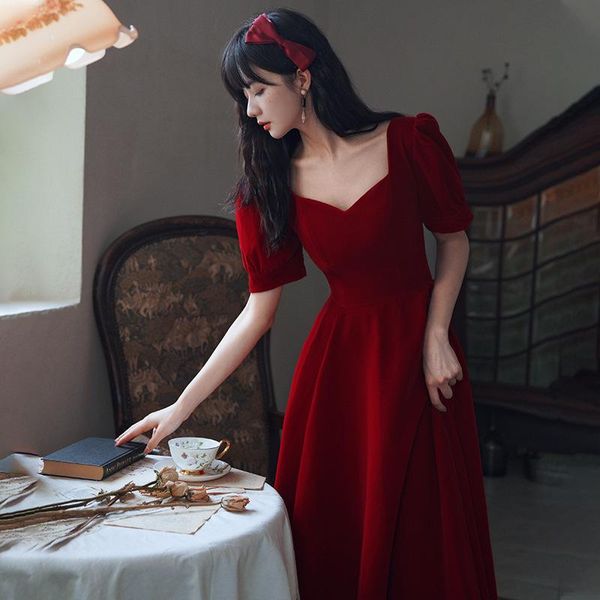 

burgundy square neck backless long evening dresses a-line formal dress elegant short sleeve gowns ethnic clothing, Red