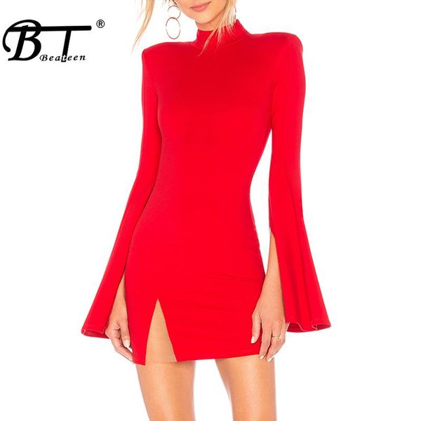 

casual dresses beateen 2021 autumn winter long flare sleeve bandage dress red black mini bodycon solid mesh insert club party, Black;gray