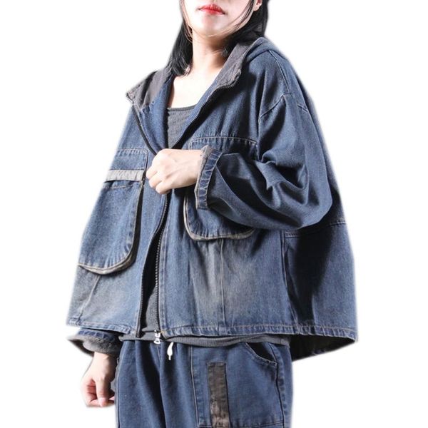 

women's jackets women hooded loose oversize denim jacket outwear big pocketsl street retro vintage autumn winter female fashion bleach, Black;brown