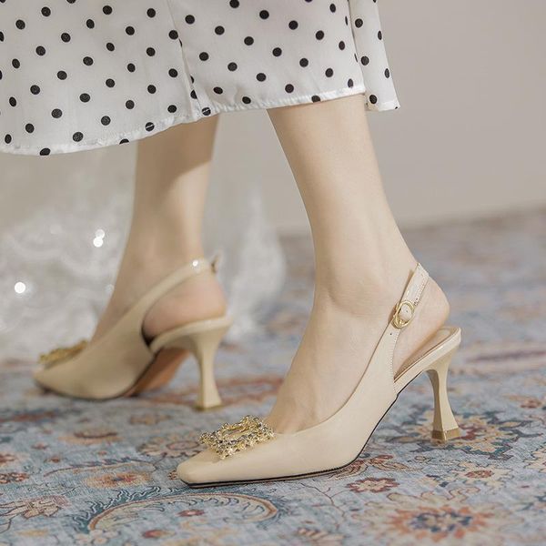 

dress shoes women summer 2021 professional stiletto ol high heels rhinestone square buckle with back empty toe woman sandals, Black