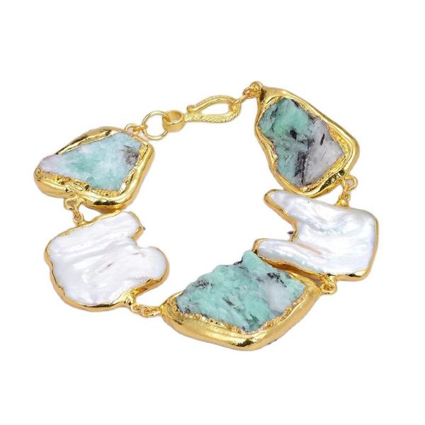 

beaded, strands jk cultured white keshi natural pearl green emeralds rough bracelet 8" handmade for women, Black