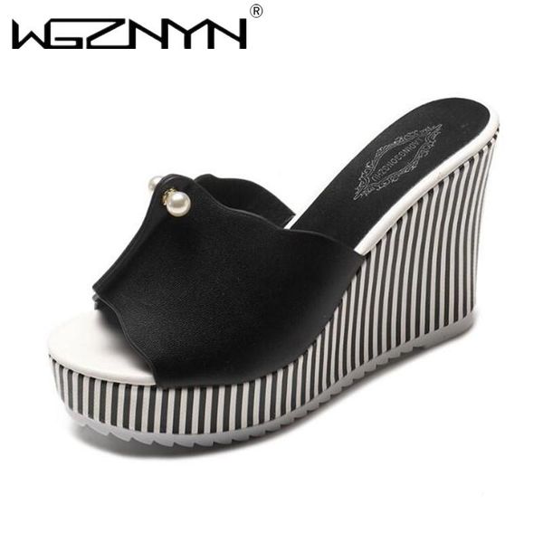 

summer wedges sandals high heels beach slippers platform stripe pearl flip flops women shoes sandalias mujer, Black