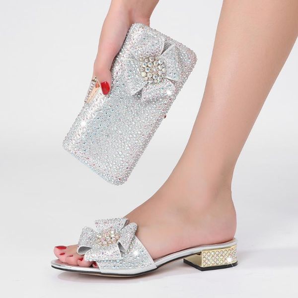 

slippers 2021 rhinestone women fashion banquet wedding summer party crystal large size 43 set bags shoes africa nigeria, Black