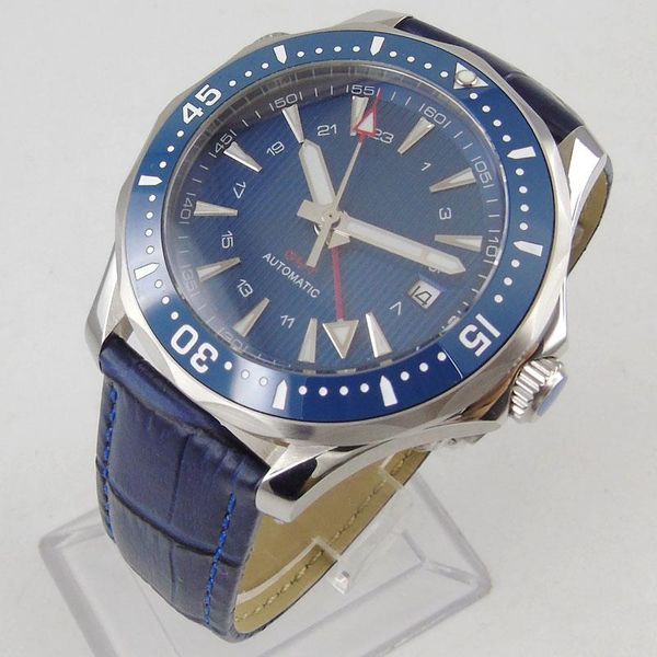 

wristwatches 41mm self winding men watch automatic gmt movement sapphire glass leather strap date window, Slivery;brown