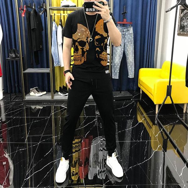 

men's tracksuits suit, cotton t-shirt, black sweatshirt and pants, 2-piece -drilled skull sportswear, jogging tracksuit, Gray