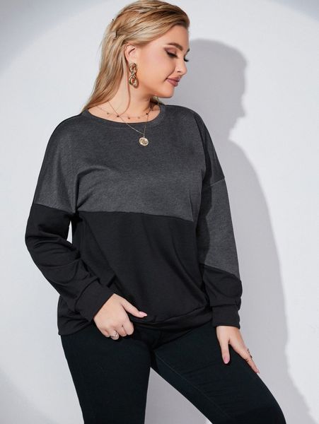

plus two tone drop shoulder pullover i36n#, Black