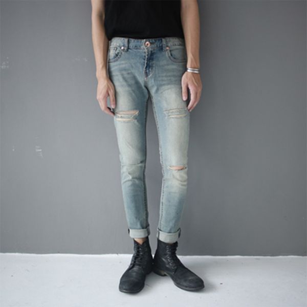 

jean iknee front and back brim pants tight skinny retro light code away big fat size s297, Blue