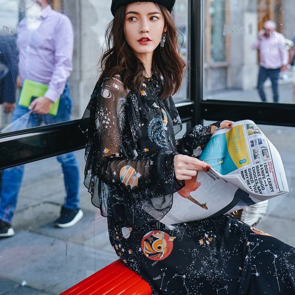 

street wear dress for female fashion releases autumn tide colored impression knitted black chiffon mid-calf silk mesh around the neck, Black;gray