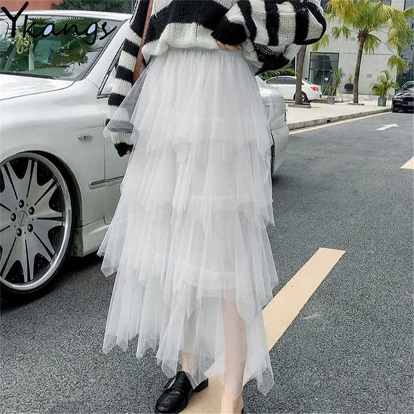

women irregular tulle skirts fashion elastic high waist mesh tutu skirt pleated long skirts midi skirt saias faldas jupe femmle 210619, Black