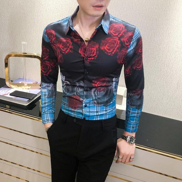 

romantic rose grid shirt men retro flower printed slim fit korean long sleeve social party prom club floral men's casual shirts, White;black