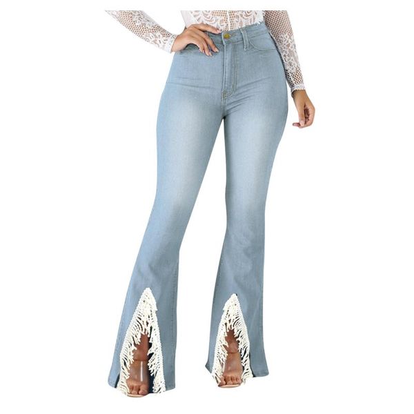 

women's jeans women button high waist slim band blue pants hole bell bottom flared causal vintage denim pantalon pour femme