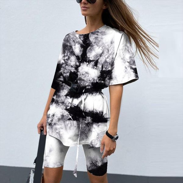 

casual tie dye two women tracksuits piece sets with belt home loose sports fashion leisure bicycle suit summer clothing, Gray