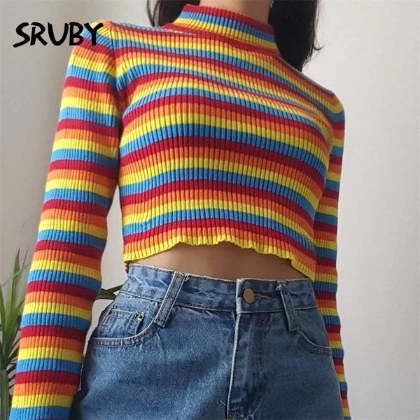 

women's sweaters dgirl rainbow color stripped women sweater 2021 spring auttum casual loose mujer knitted sweet fashion pullover, White;black