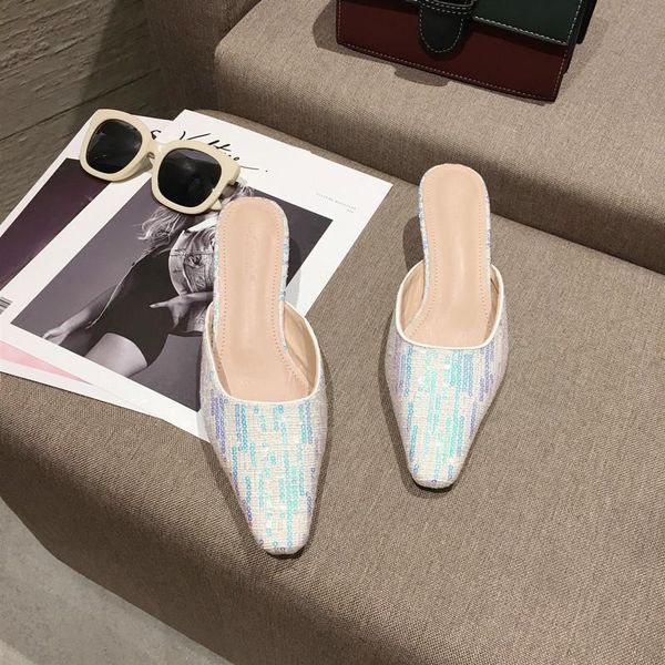 

slippers glitter bling heels mules women shoes closed toe fashion shallow slides pumps casual mixed color zapatos mujer, Black