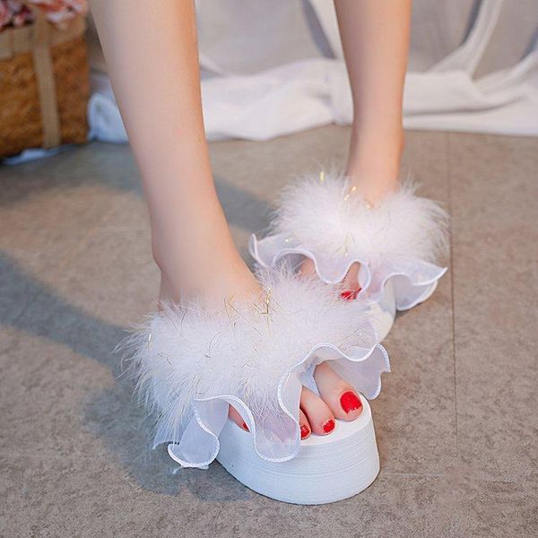 

sweet candy color summer women natural feather fur fuzzy slippers slides mules open toe flat shoes flip flop 3634, Black