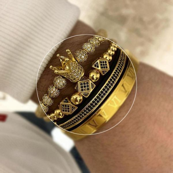 

2021 3pcs/set+roman numeral titanium steel bracelet couple bracelet/crown/2018/for lovers/bracelets for women men luxury jewelry, Golden;silver