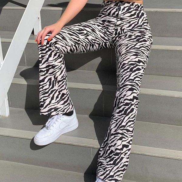 

women casual zebra print high waist button long straight pants loose sport trousers women's & capris, Black;white