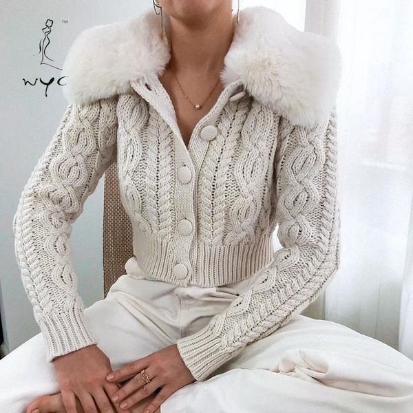 

women's knits & tees knit faux fur jacket lapel collar women cardigan vintage long sleeve sweater female outerwear chic coats autumn w, White