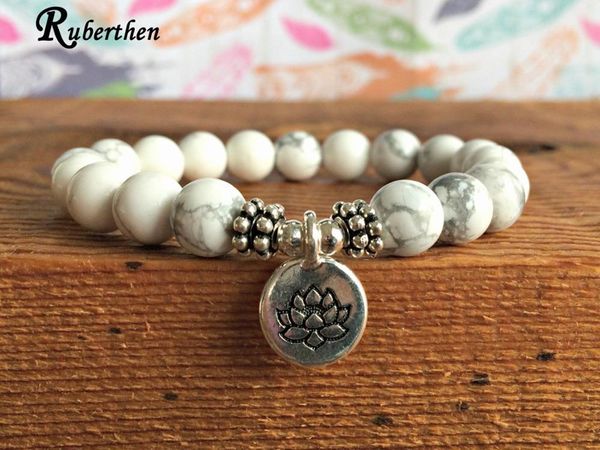 

beaded, strands ruberthen 2021 design howlite lotus bracelet healing spiritual gift love peace energy wrist balance jewelry, Black