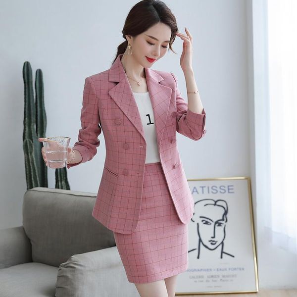 

work dresses plaid women suit 2 pieces formal suits ol business jacket skirt professional office lady casual plus size, White;black