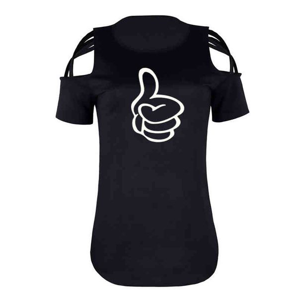 

plus size thumb up t-shirt women fashion off shoulder short sleeve t shirt harajuku causal hollow out women summer, White