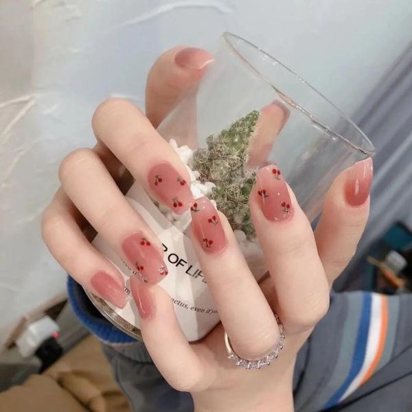 

nail gel 24pcs cherry print patch glue type removable short paragraph fashion manicure fake, Red;pink