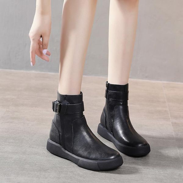 

boots aardimi genuine leather women spriing for ladies buckle motorcycle shoes woman flat with fur warm boats mujer, Black