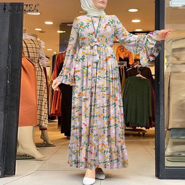 

ethnic clothing floral printed maxi dresses morocco abaya summer sundress muslim fashion zanzea women round neck long sleeve robe kaftan, Red