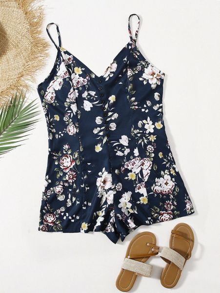 

plus floral print button front cami romper 36bd#, Black