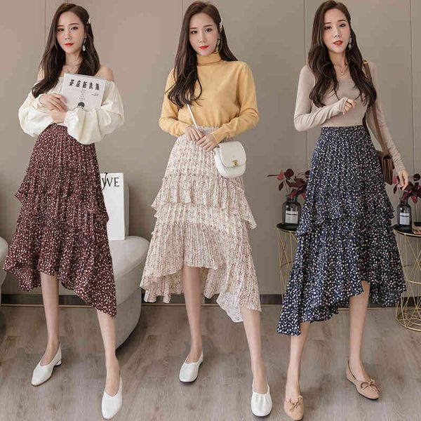 

skirts vintage print women skirt irregular ruffles femme jupe high waist a-line chiffon skirts xo99 0gle, Black