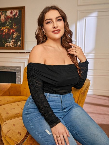 

plus off shoulder ruched mesh c7m8#, Black