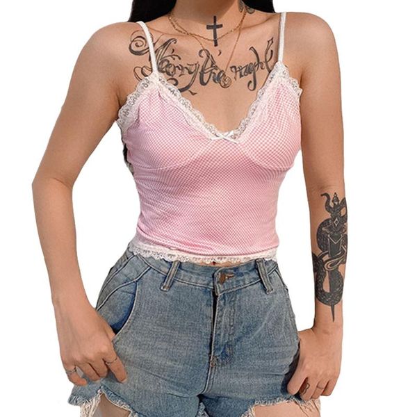 

women's tanks & camis pink plaid lace patchwork camisole female summer cuffs sleeveless v-neck, White