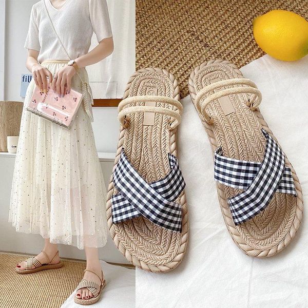 

sandals two ways fairy slip on lattices cross band women beach shoes slippers rome open toe plaid femme sandalias, Black