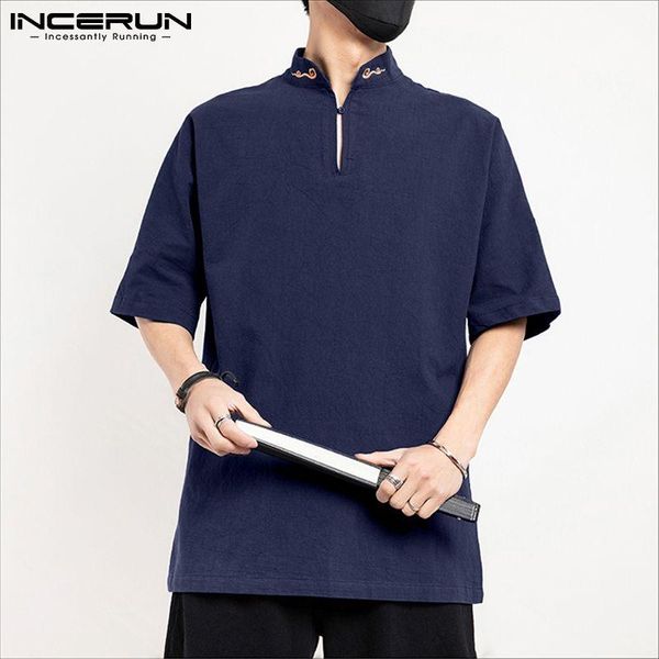 

men's casual shirts incerun chinese style men shirt mandarin collar embroidered cotton short sleeve streetwear 2021 vintage clothing, White;black