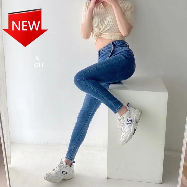 

women's jeans spring high waist oblique two-button tight stretch denim trousers slimming hip-lifting skinny pants tide, Blue