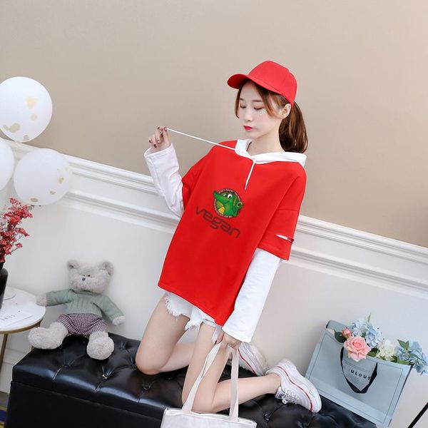

women's hoodies & sweatshirts fashion lovely cartoon vegan crocodiles print casual harajuku avocado spell color patchwork streetwear ho, Black