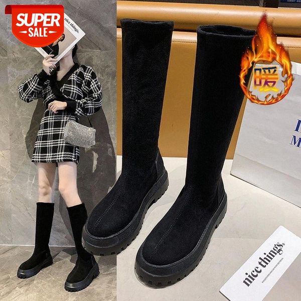 

autumn and winter elastic over knee boots sheep jingrong round head thin leg high tube children's thick bottom muffin #g57r, Black