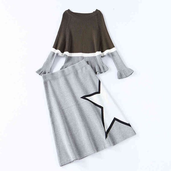 

two piece dress knitted three quarter batwing sleeve star pattern patchwork colors pullovers sweater and knee-length skirts suits, White